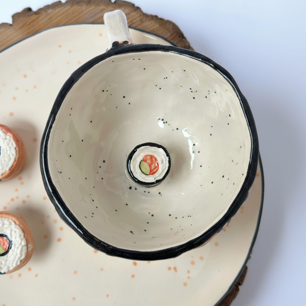 Handmade Ceramic Sushi Decorated Mug And Plate Set