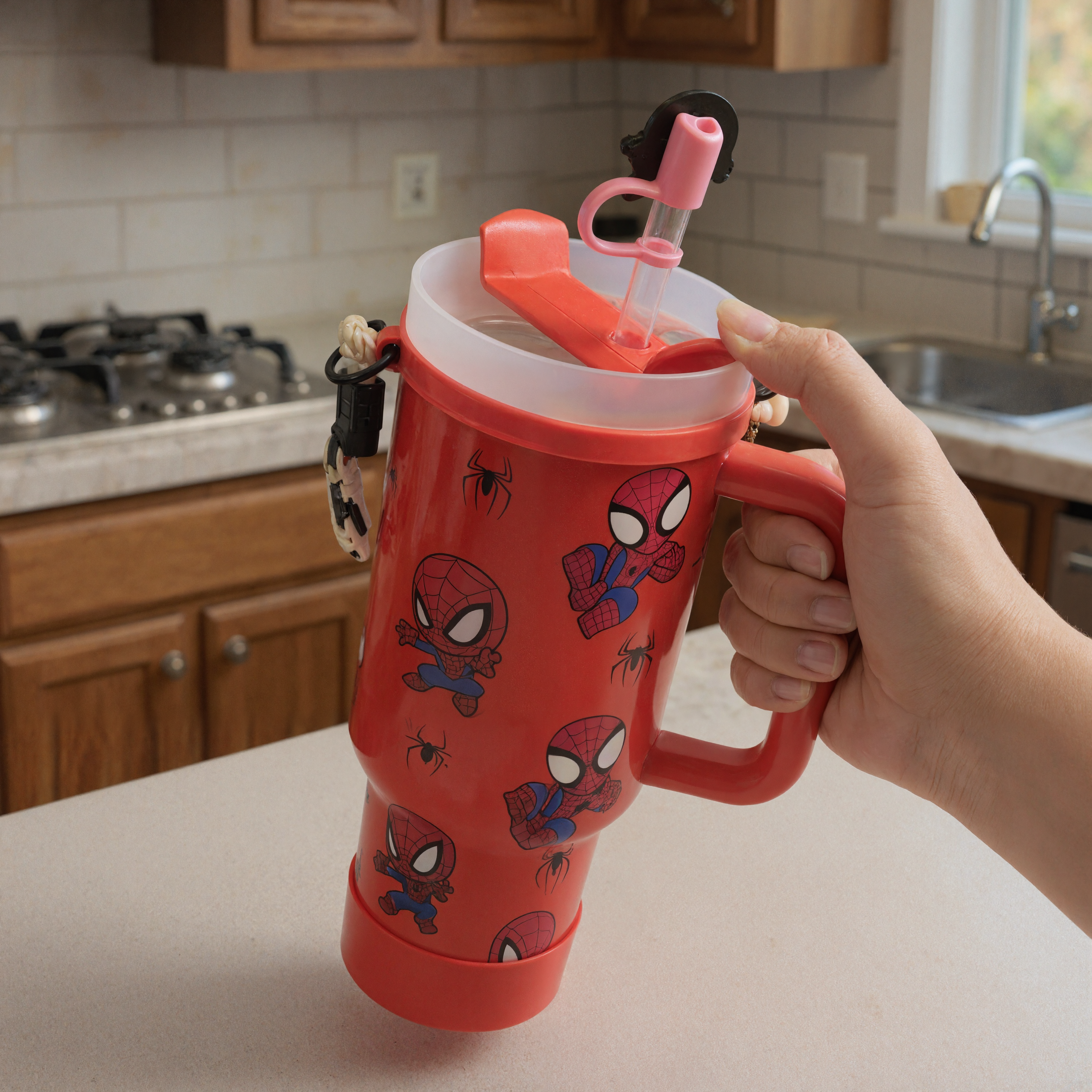 Spidey Man Graphic Print 40oz Tumbler With Handle And Straw