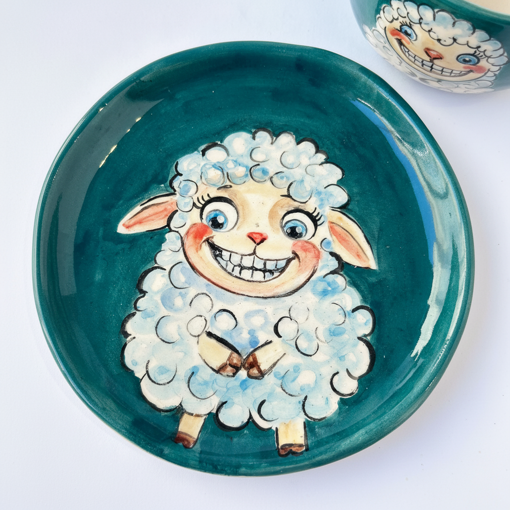 Handmade Ceramic Sheep Drinkware And Plate Set