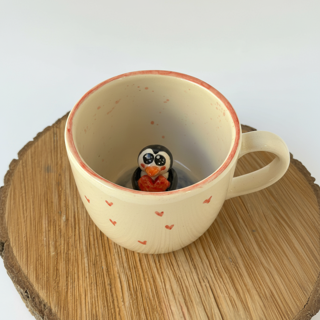 Penguin Figurine Sculpted Red Rim Cup