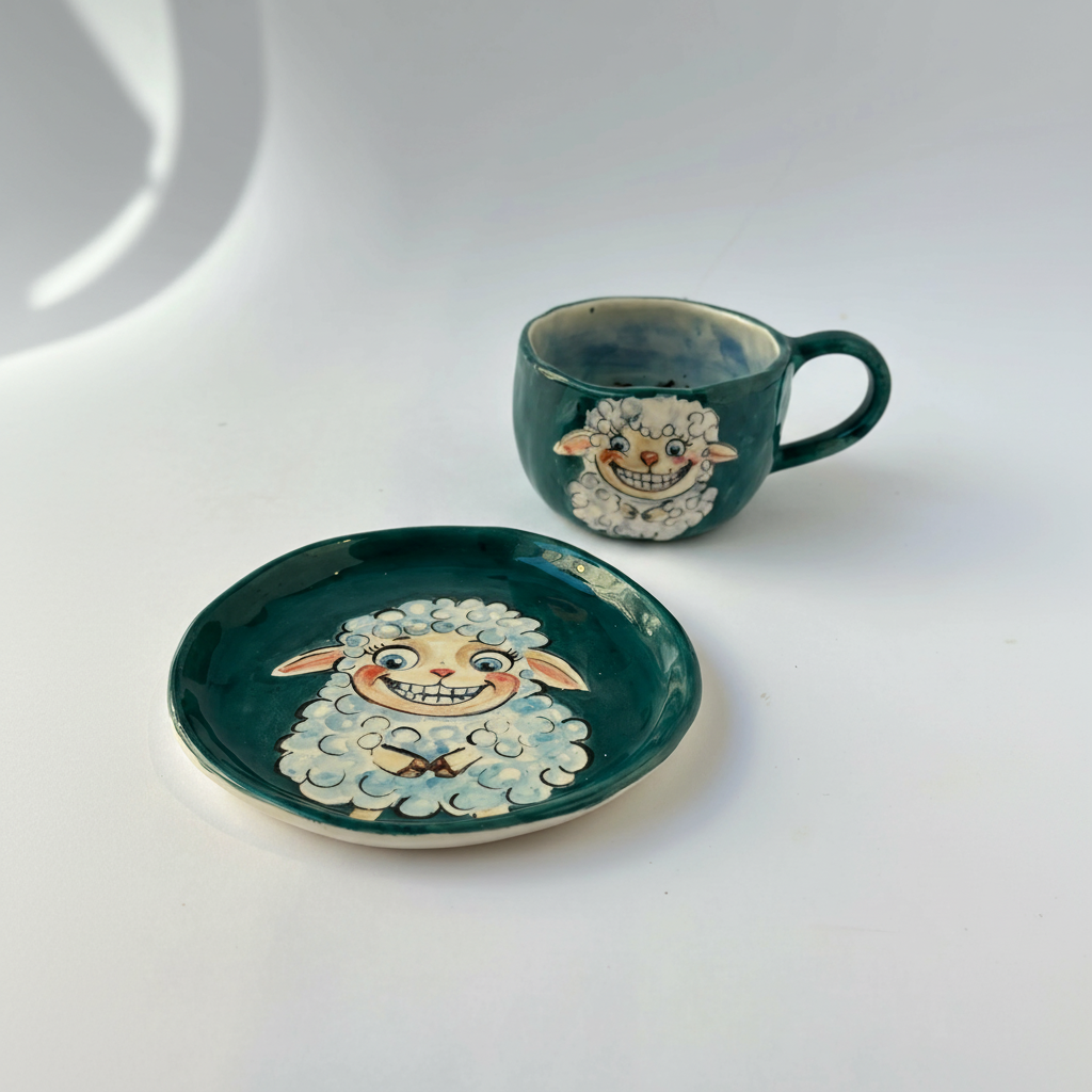 Handmade Ceramic Sheep Drinkware And Plate Set
