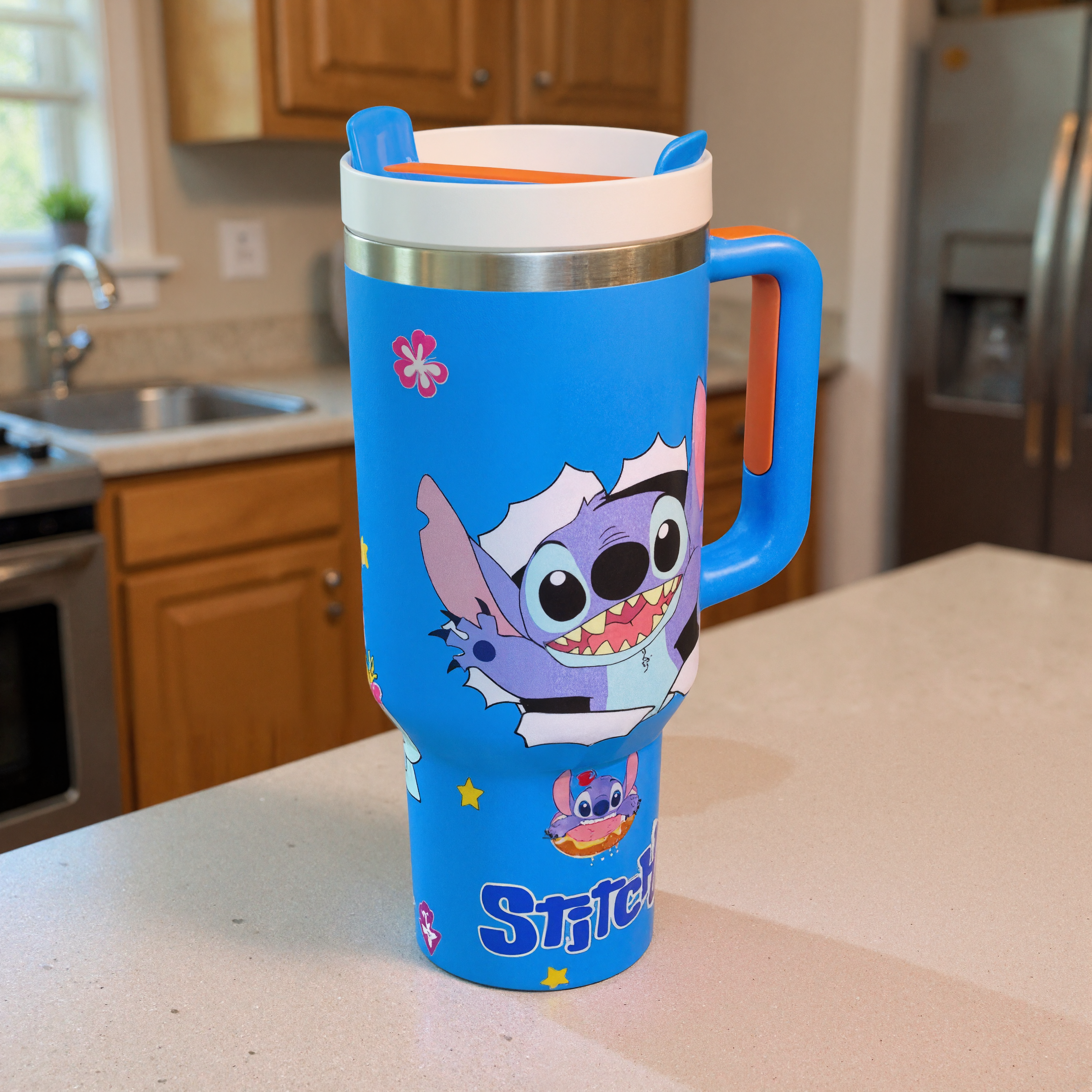Stitch Cartoon Graphic Print 40oz Tumbler With Handle And Lid
