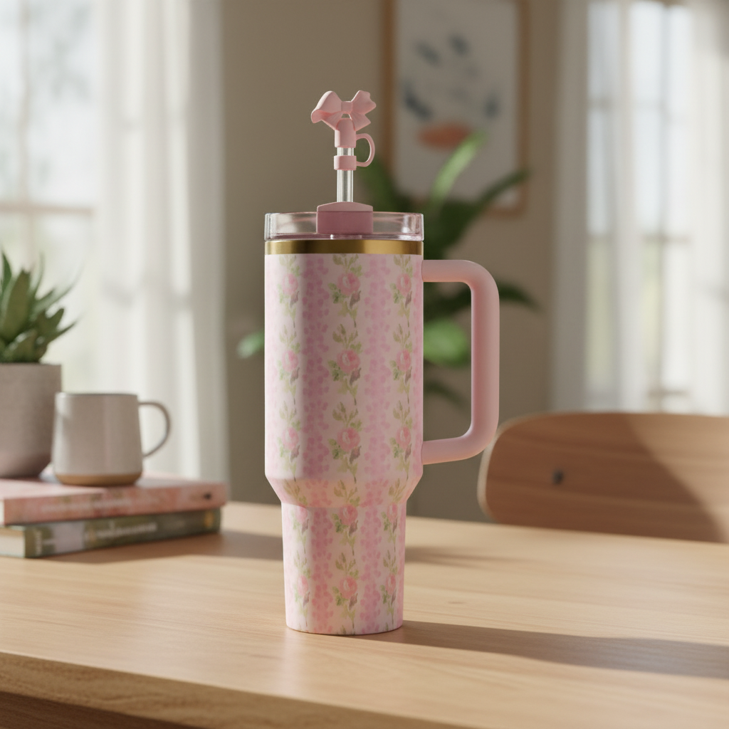 Vintage Floral Print 40oz Tumbler With Handle And Straw Lid