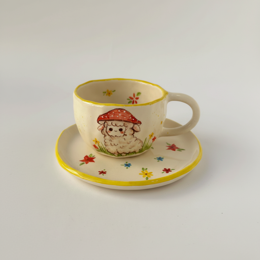 Handmade Ceramic Sheep Mug And Plate Set