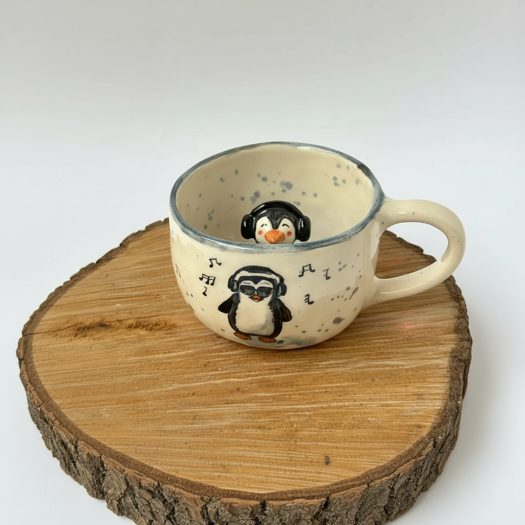 Penguin Headphone Figurine Sculpted Cup
