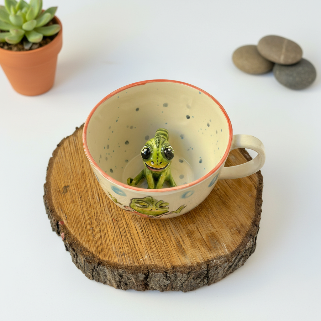 Chameleon Figurine Sculpted Speckled Stone Cup