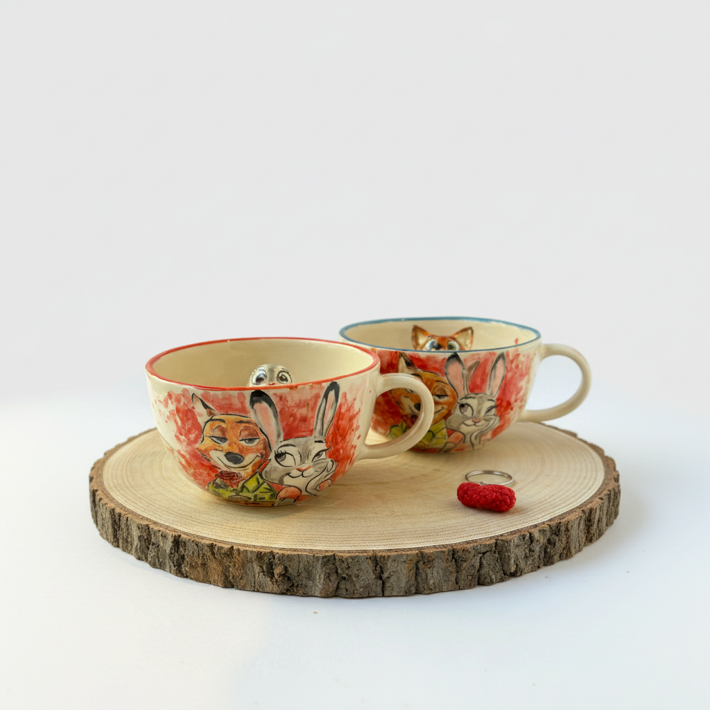 Handmade Cartoon Fox And Rabbit Ceramic Mugs