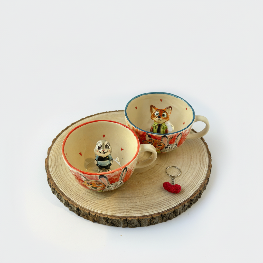 Handmade Cartoon Fox And Rabbit Ceramic Mugs