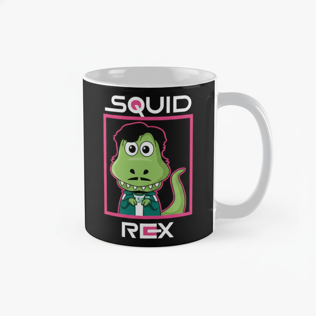 Squid Game Themed Coffee Mug With Rex Cartoon Graphic