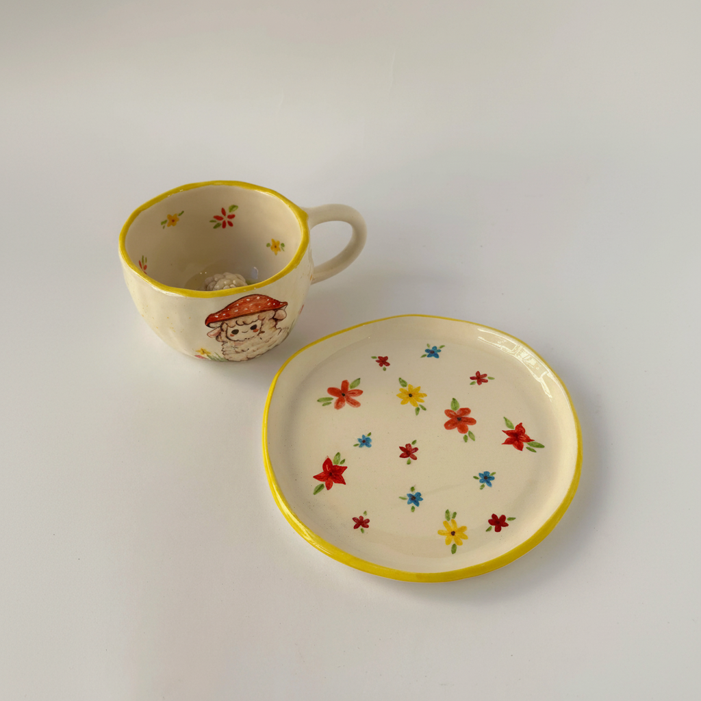 Handmade Ceramic Sheep Mug And Plate Set