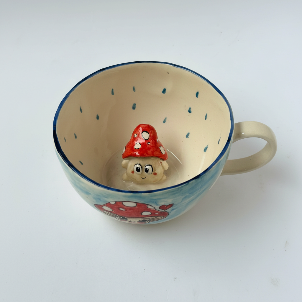 Mushroom Character Sculpted Glossy Stone Cup