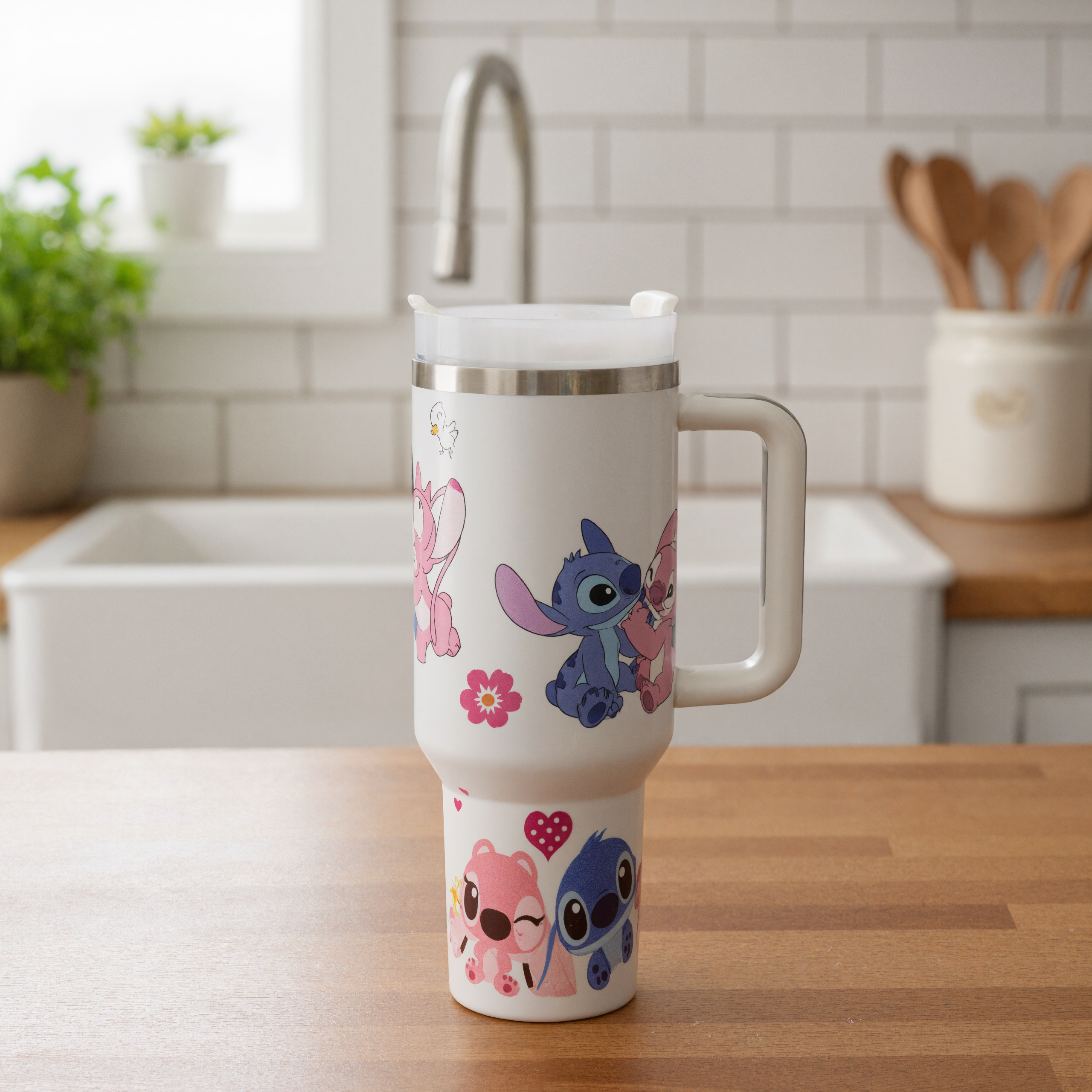 Stitch Cartoon Graphic Print 40oz Tumbler With Handle And Lid