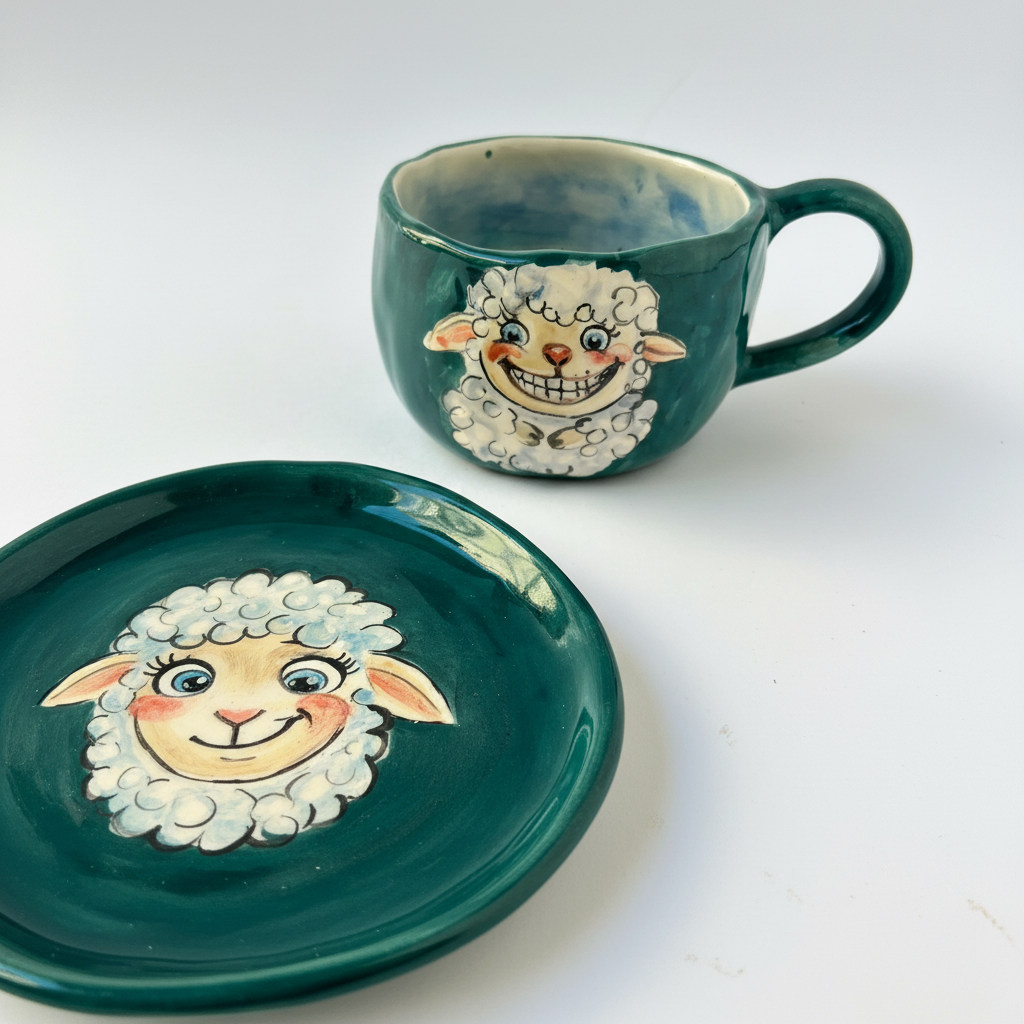 Handmade Ceramic Sheep Drinkware And Plate Set