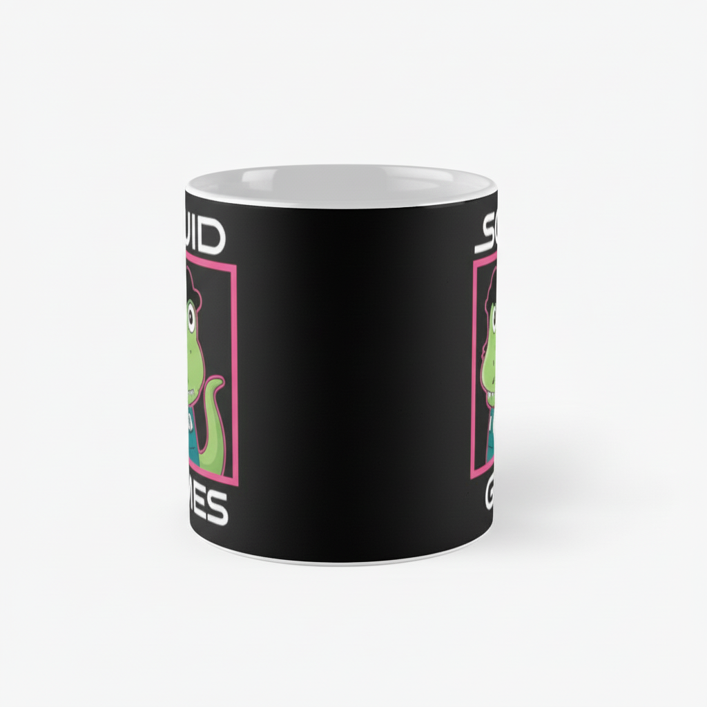 Squid Game Themed Coffee Mug With Rex Cartoon Graphic