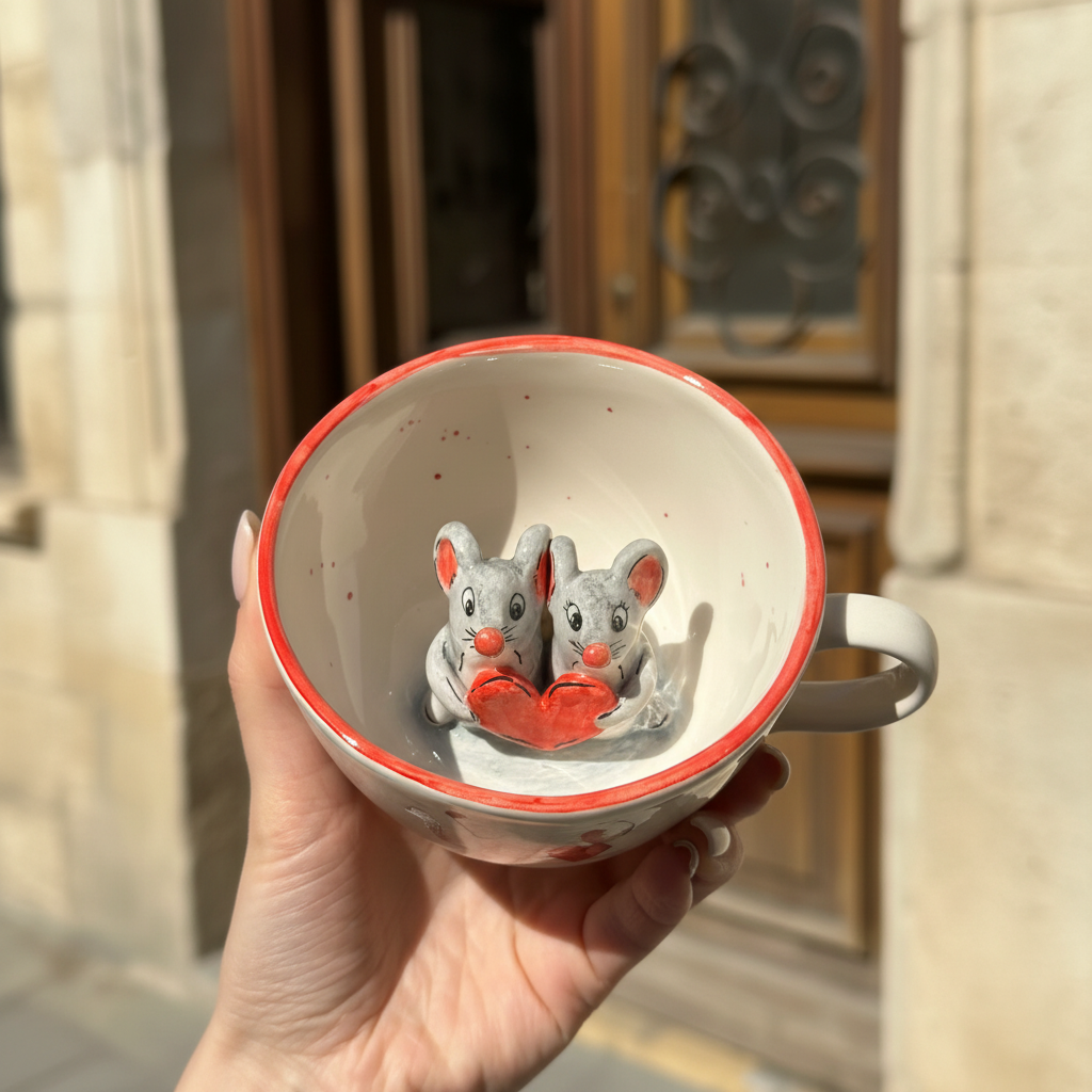 Mice Duo Sculpted Glossy Red Cup