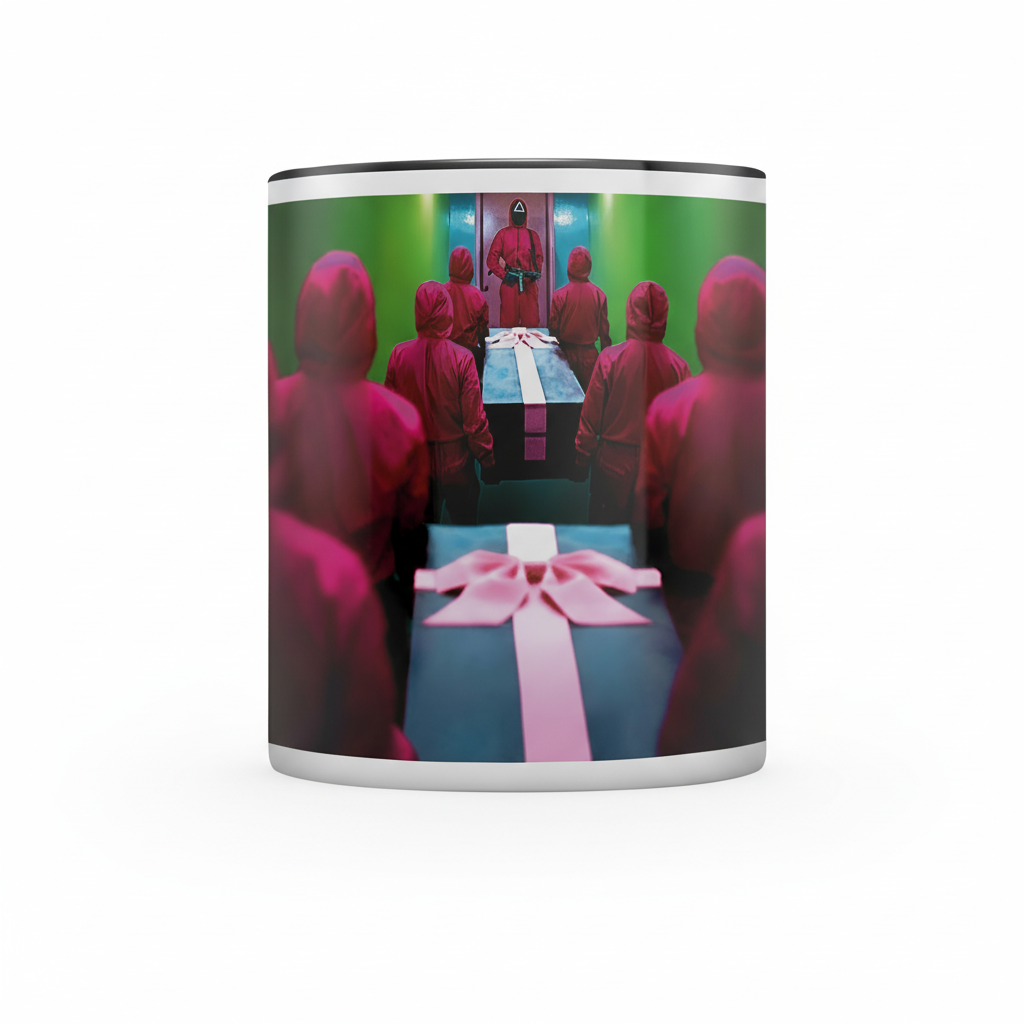 Squid Game Themed Coffee Mug With Coffin Scene Graphic And Guard Print