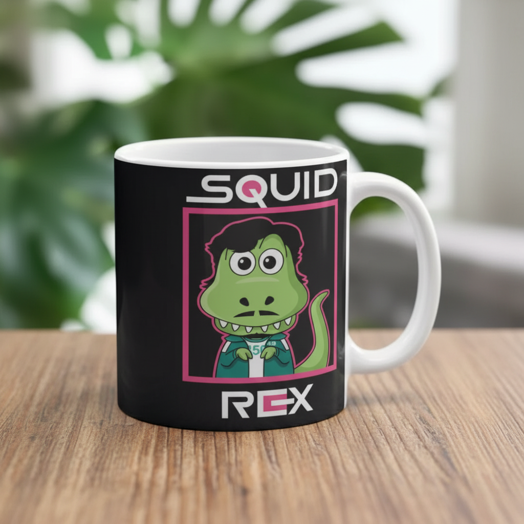 Squid Game Themed Coffee Mug With Rex Cartoon Graphic