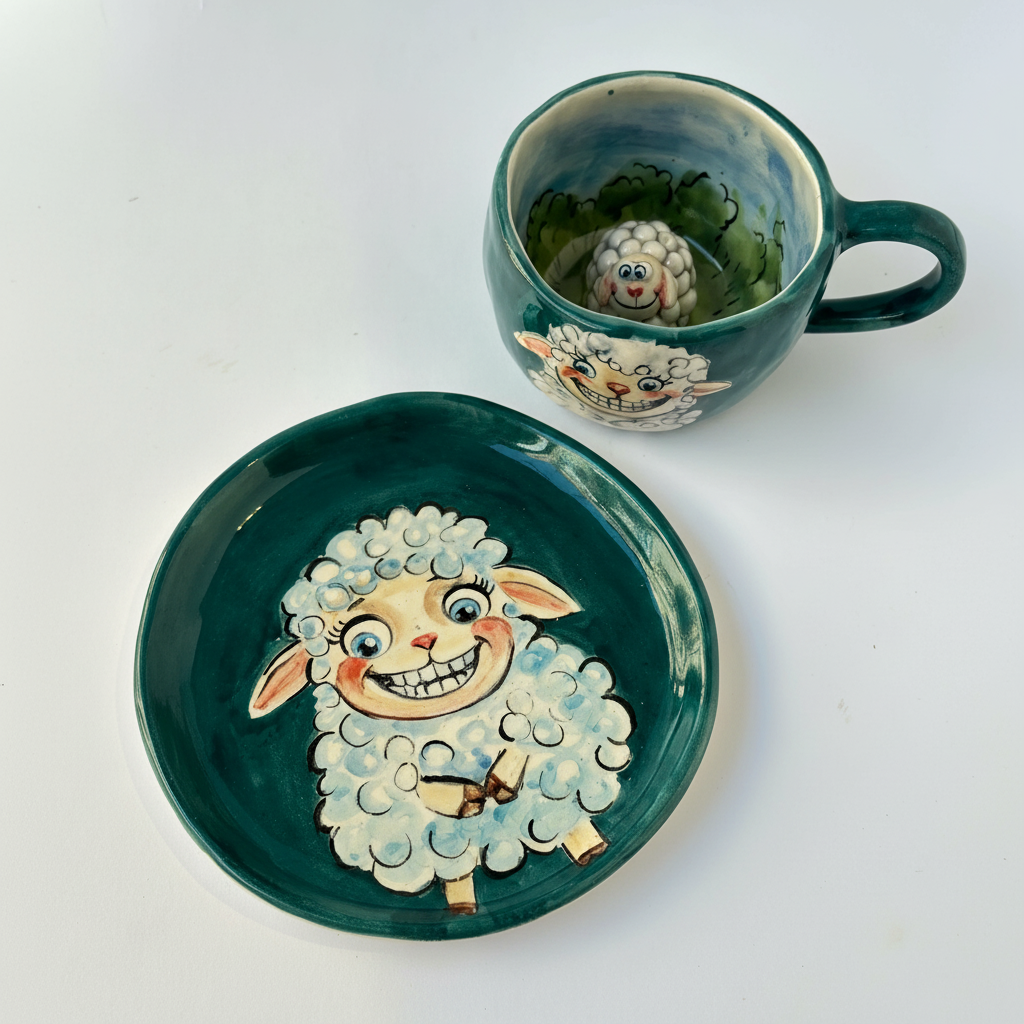 Handmade Ceramic Sheep Drinkware And Plate Set