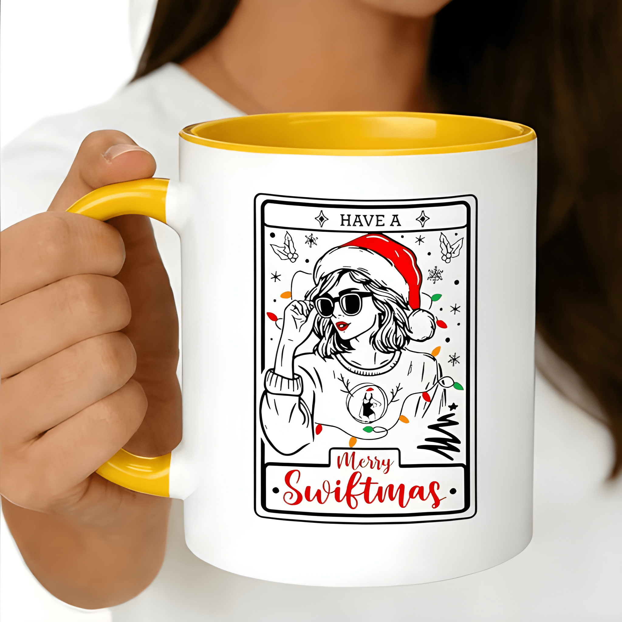 11oz Merry Swiftmas Ceramic Coffee Mug with Red Santa Hat Festive Lights Design