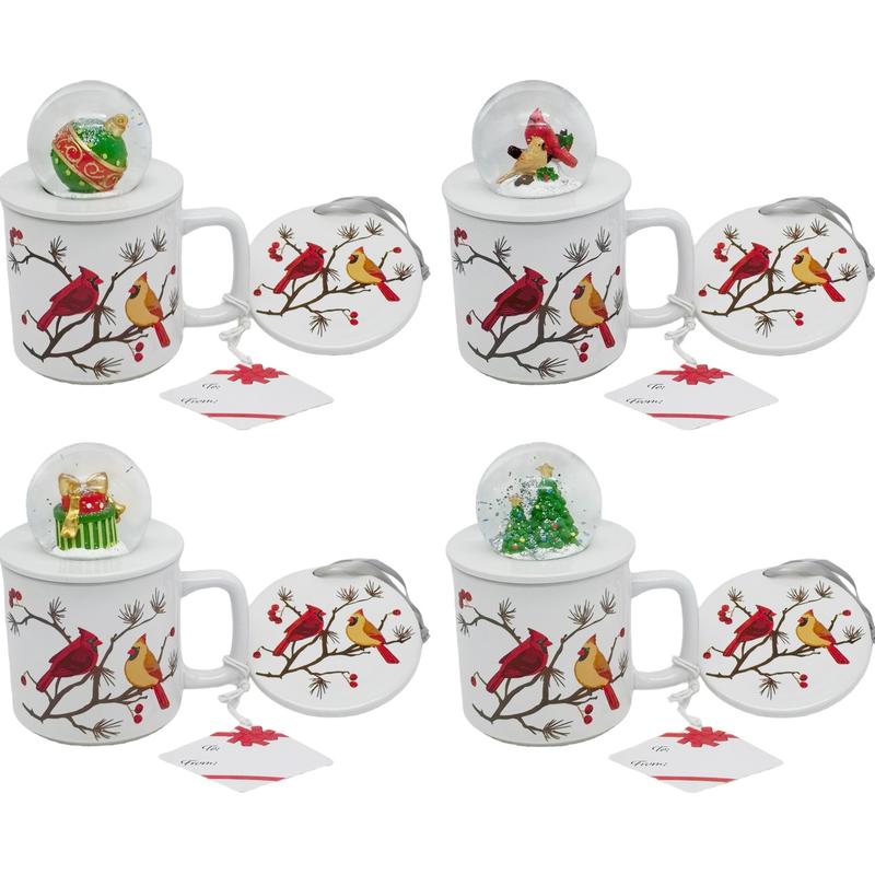 Set of 4 18oz Snow Globe Topper Christmas Mugs With Lid