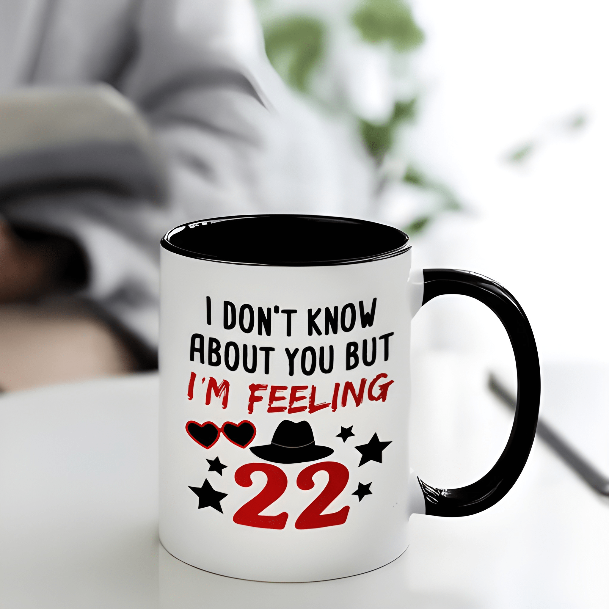 Swift Inspired 22 Design Ceramic Mug- Black& White with Red Hearts& Stars, Glossy Finish, High-Quality Durable Coffee Cup for Fans, Playful "I Don't Know About You But I'm Feeling" Quote, Everyday Use, Fan Merchandise, Home Use, Heart Pattern, Smooth