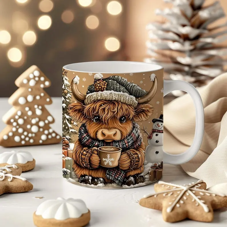 Highland Cow Christmas Snowman Ceramic Mug