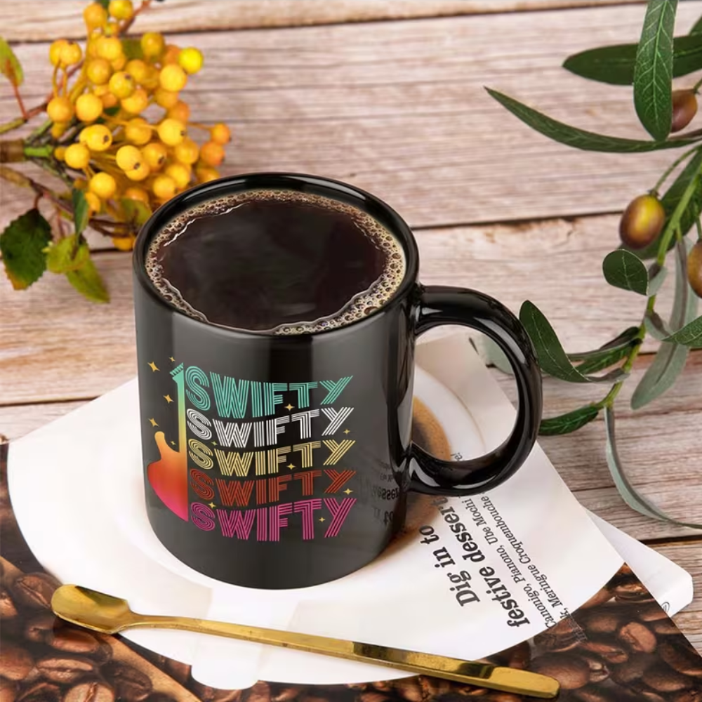 1pc Swifty Guitar Coffee Mug 11oz Ceramic Cup with Colorful Swifties Text & Flame Design - Music Fan Gift for Birthdays, Holidays, Hot & Cold Beverages, Music Mug, Birthday Drinkware, Playful Text Graphics, Highquality Print