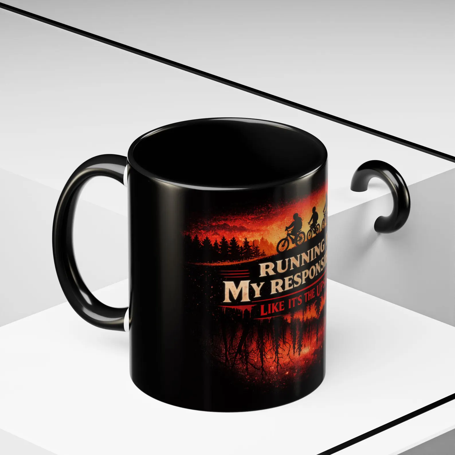 Running From My Responsibilities coffee mug Stranger Things bike silhouette