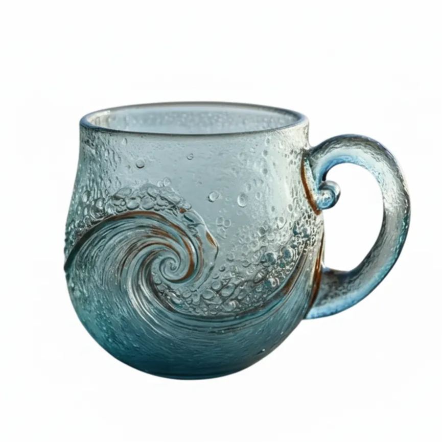 Handcraft Textured Glass Mug with Coastal Wave Pattern