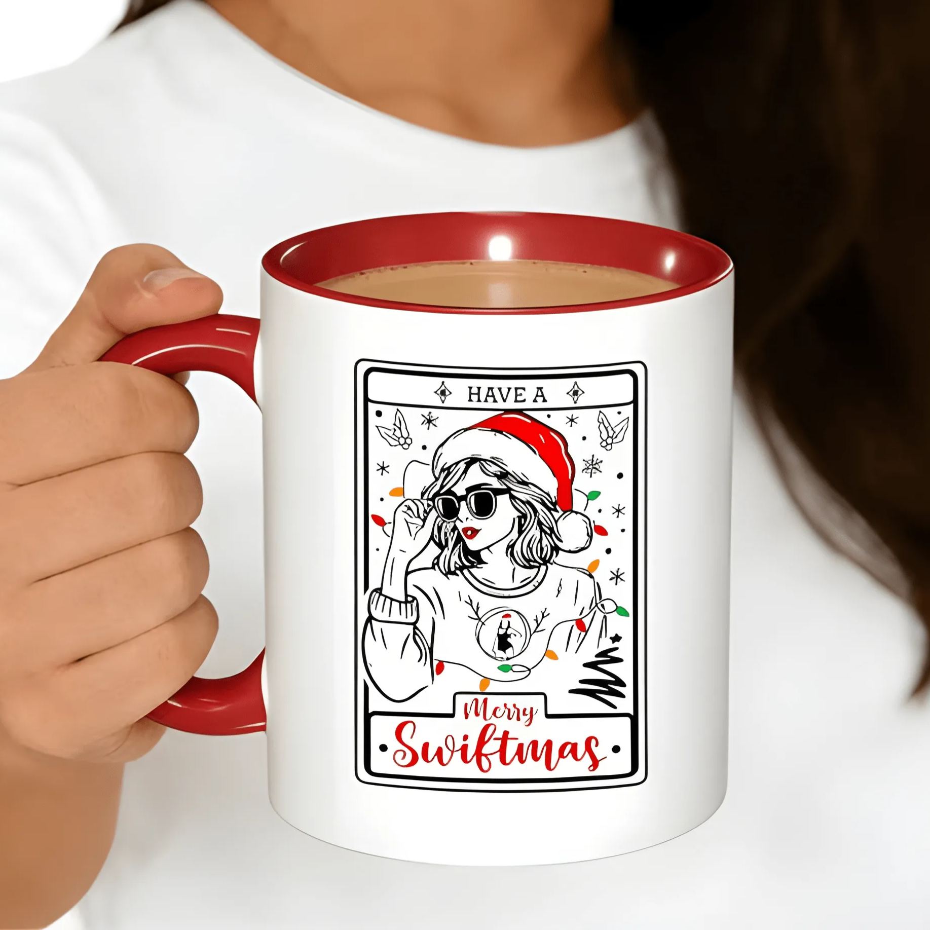 11oz Merry Swiftmas Ceramic Coffee Mug with Red Santa Hat Festive Lights Design