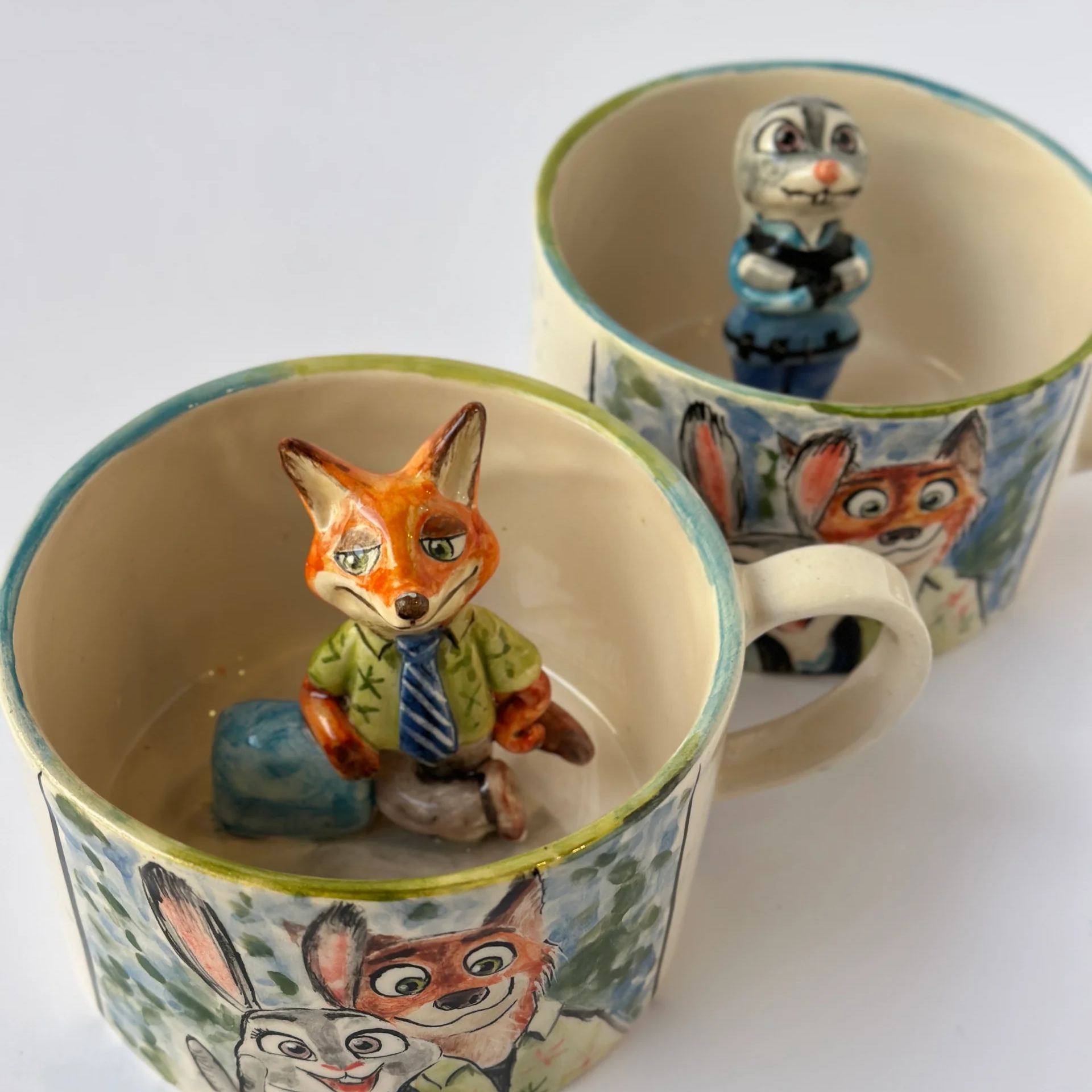 Handmade Ceramic Mugs With Fox And Rabbit Characters