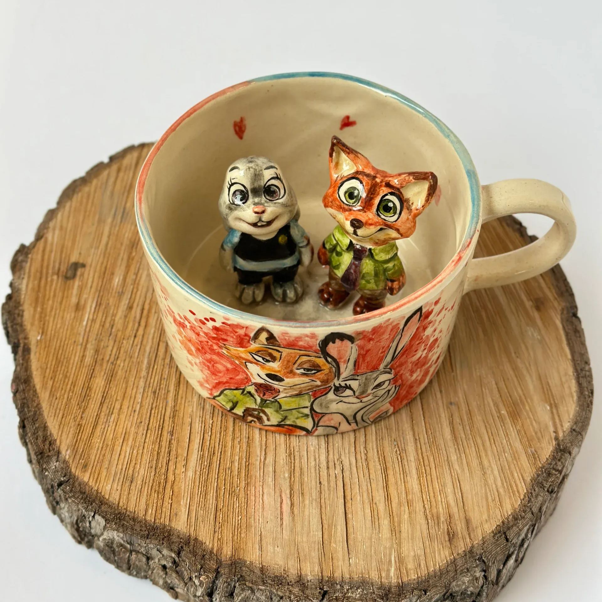 Handmade Ceramic Mug Featuring Fox and Rabbit Characters