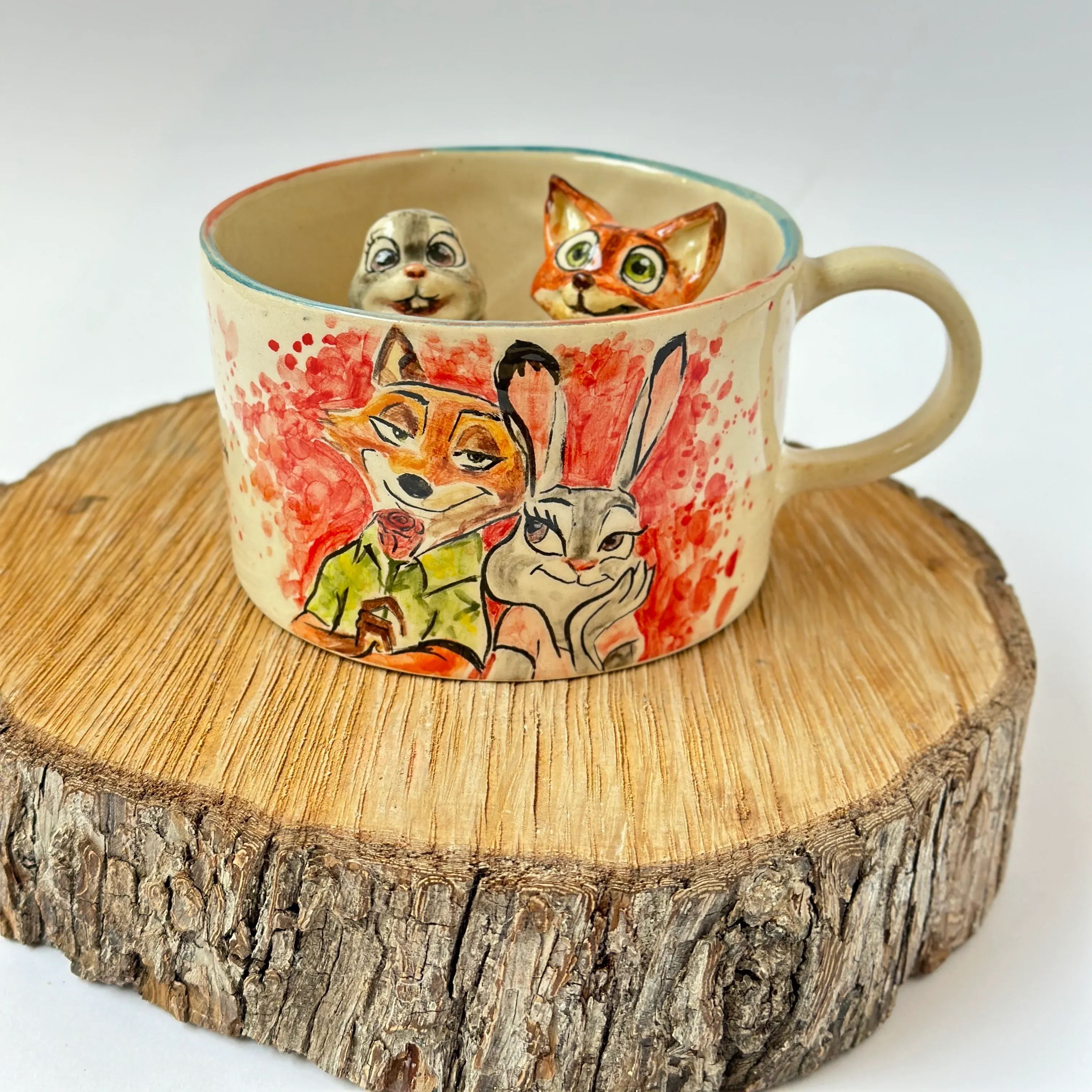 Handmade Ceramic Fox And Rabbit Character Mug