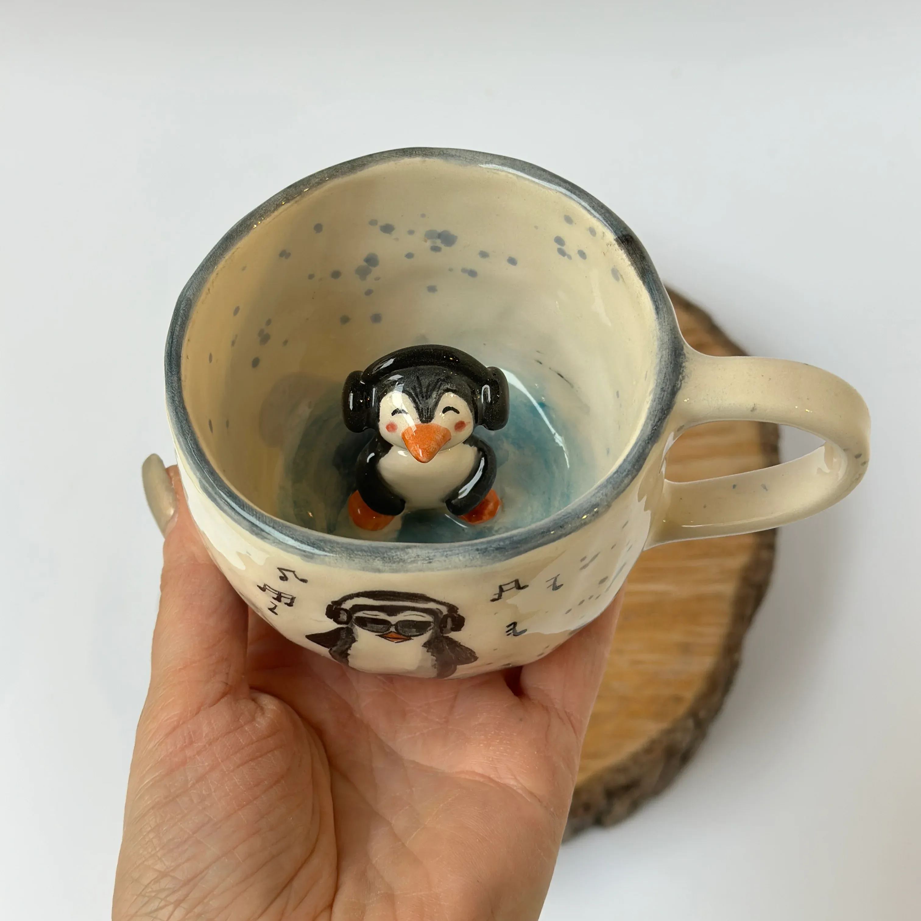 Penguin Headphone Figurine Sculpted Cup