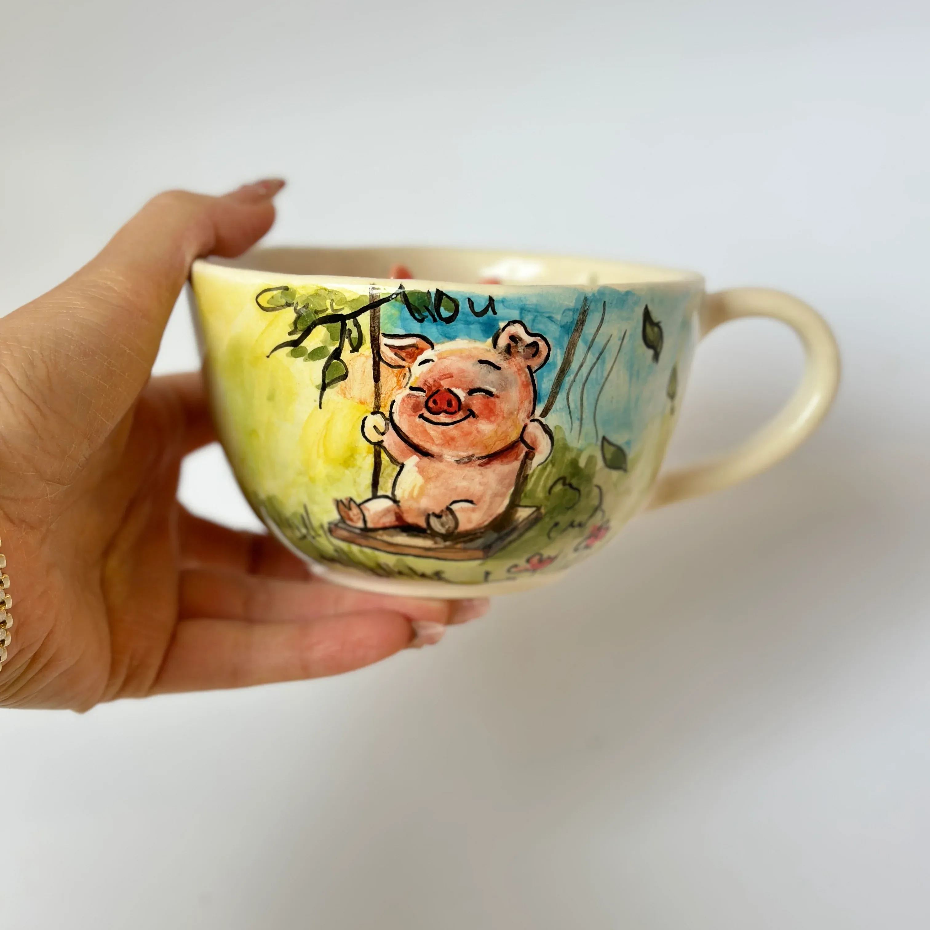 Pig Figurine Sculpted Speckled Stone Cup