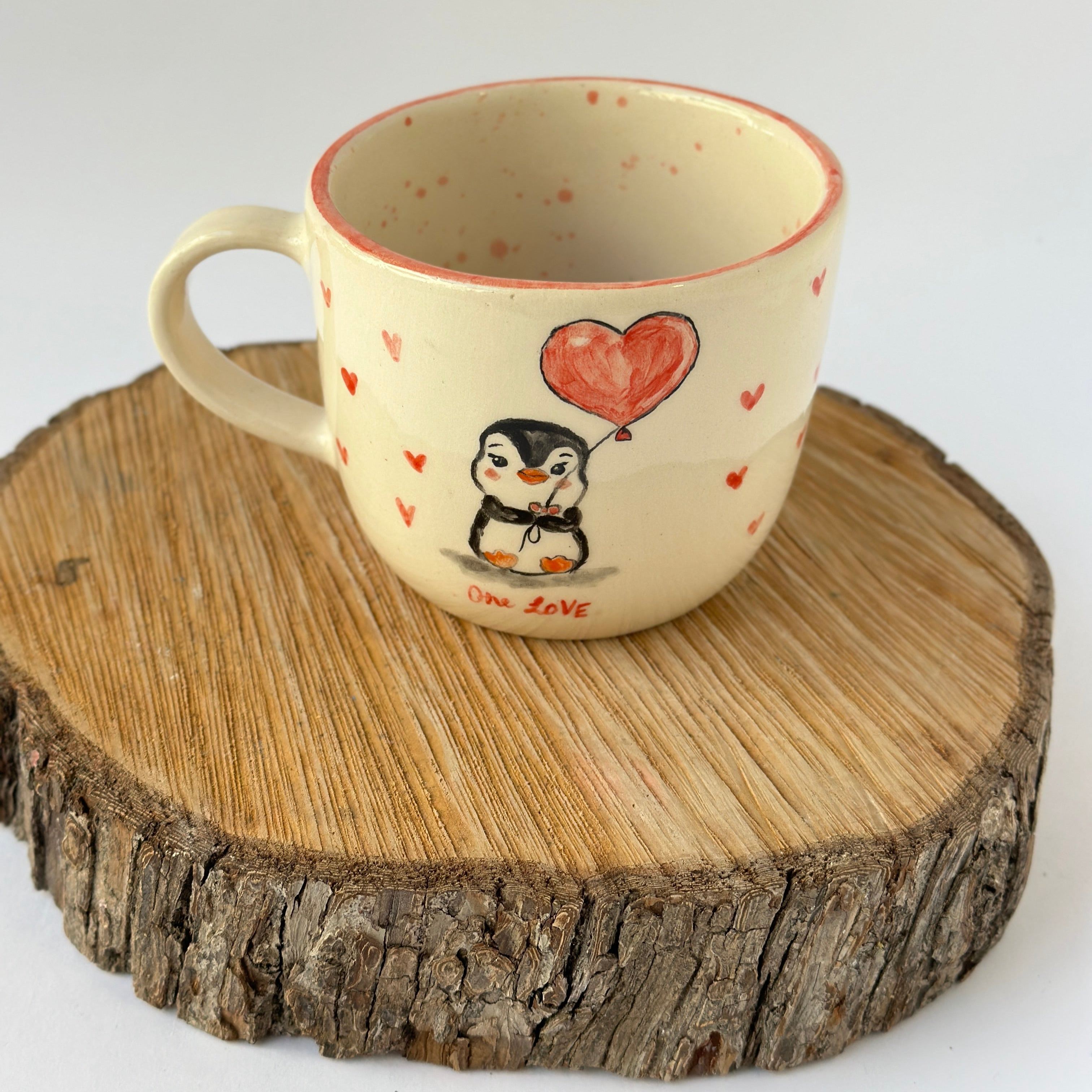 Penguin Figurine Sculpted Red Rim Cup