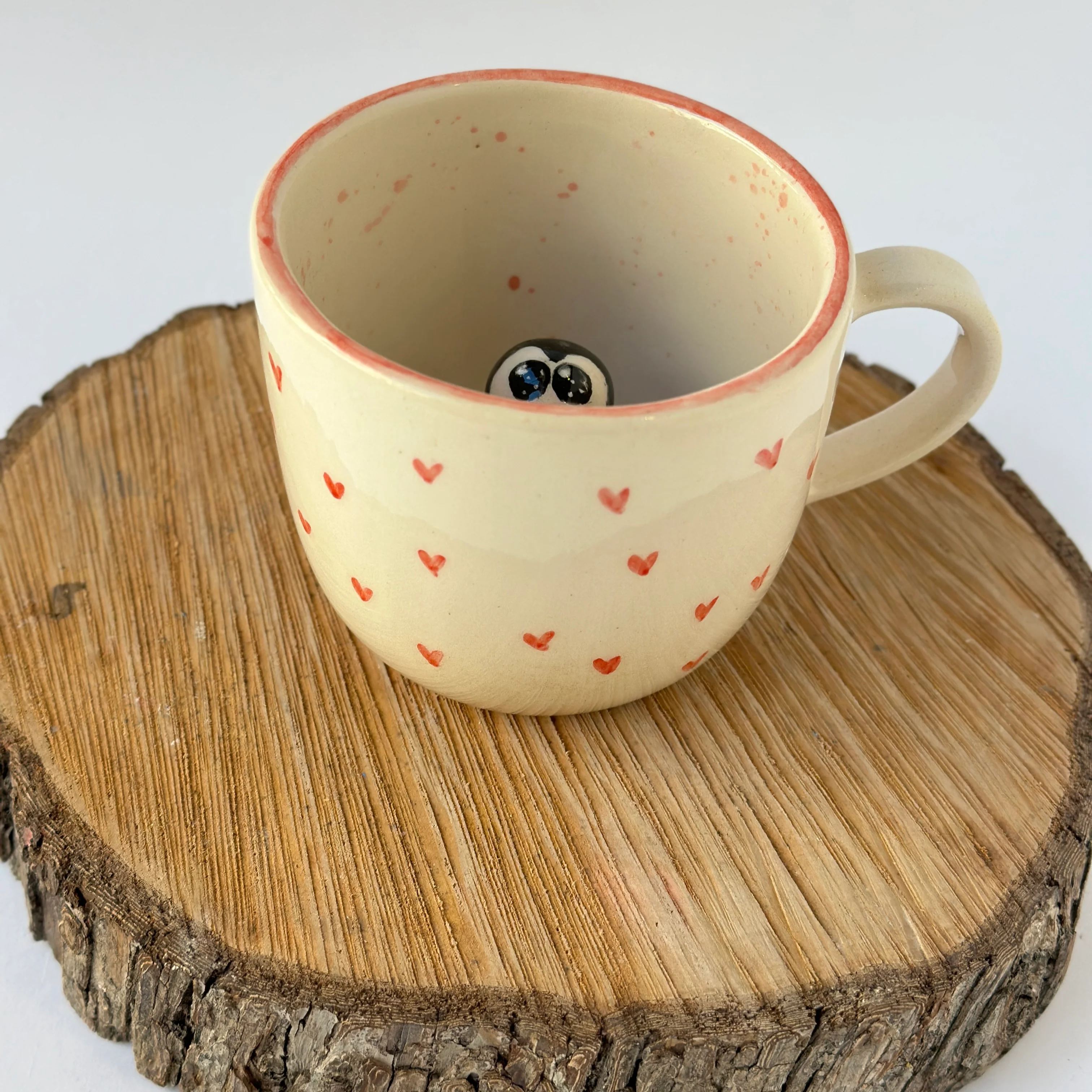 Penguin Figurine Sculpted Red Rim Cup