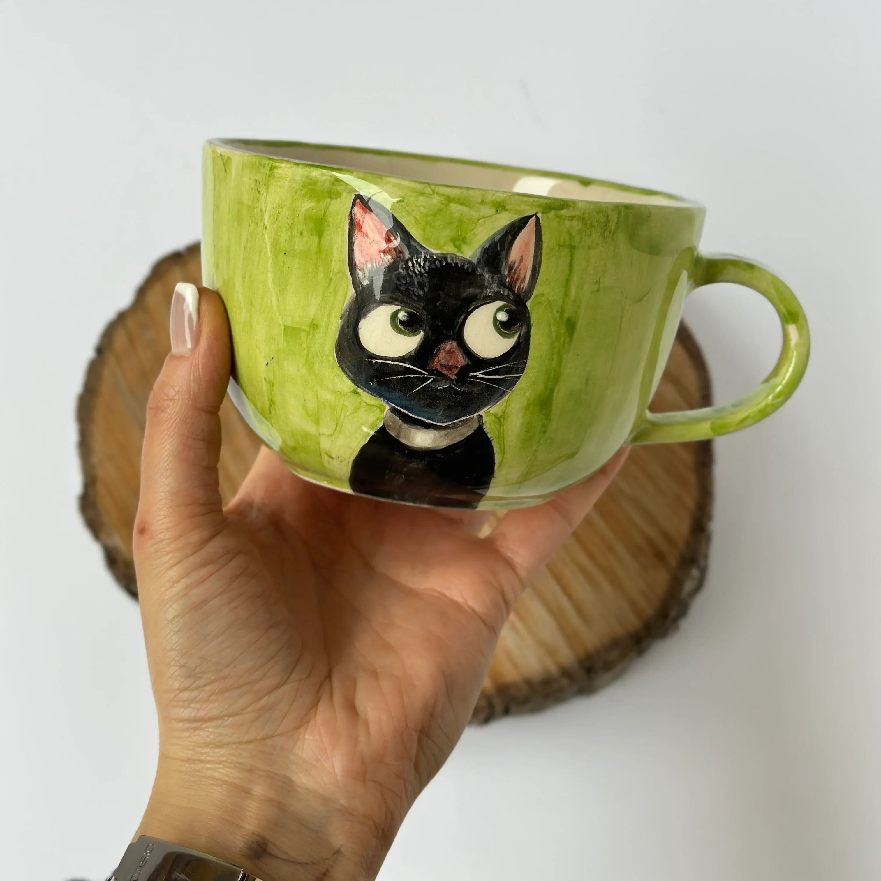 Handmade Ceramic Coffee Mug With Cat Design