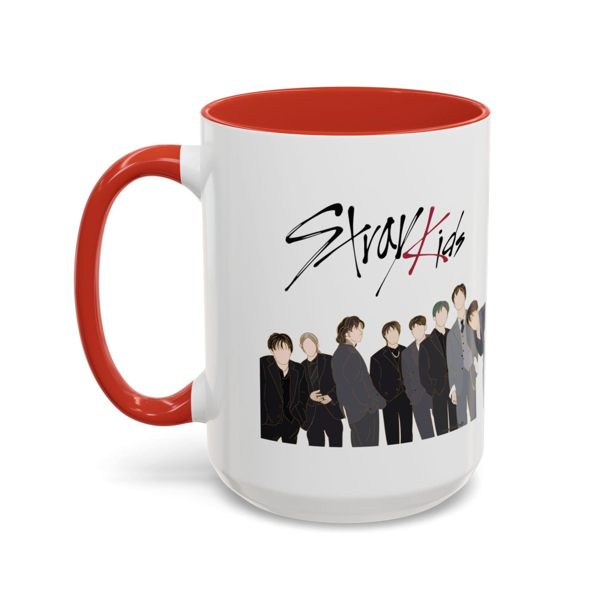 Close up of the Stray Kids logo and group illustration on a 15 ounce ceramic mug