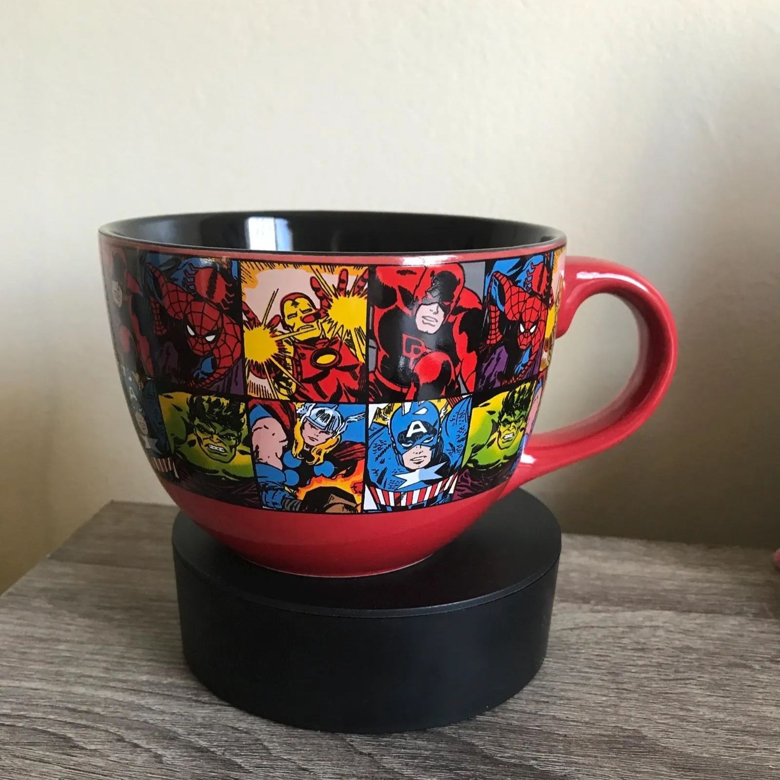 Large ceramic soup mug with comic book panel artwork featuring Spider Man Hulk Thor and Captain America