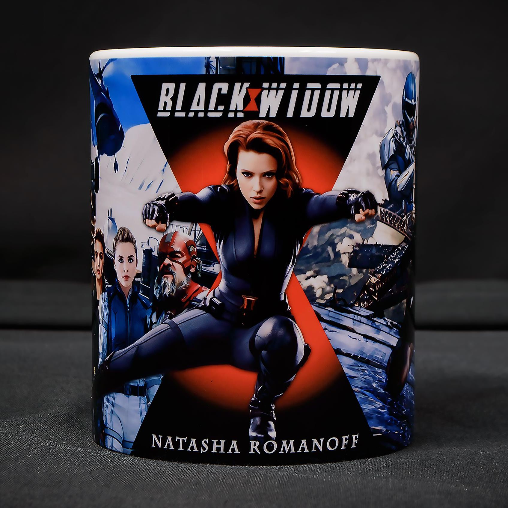 Ceramic mug featuring Black Widow Natasha Romanoff movie poster graphics with character montage wrap design