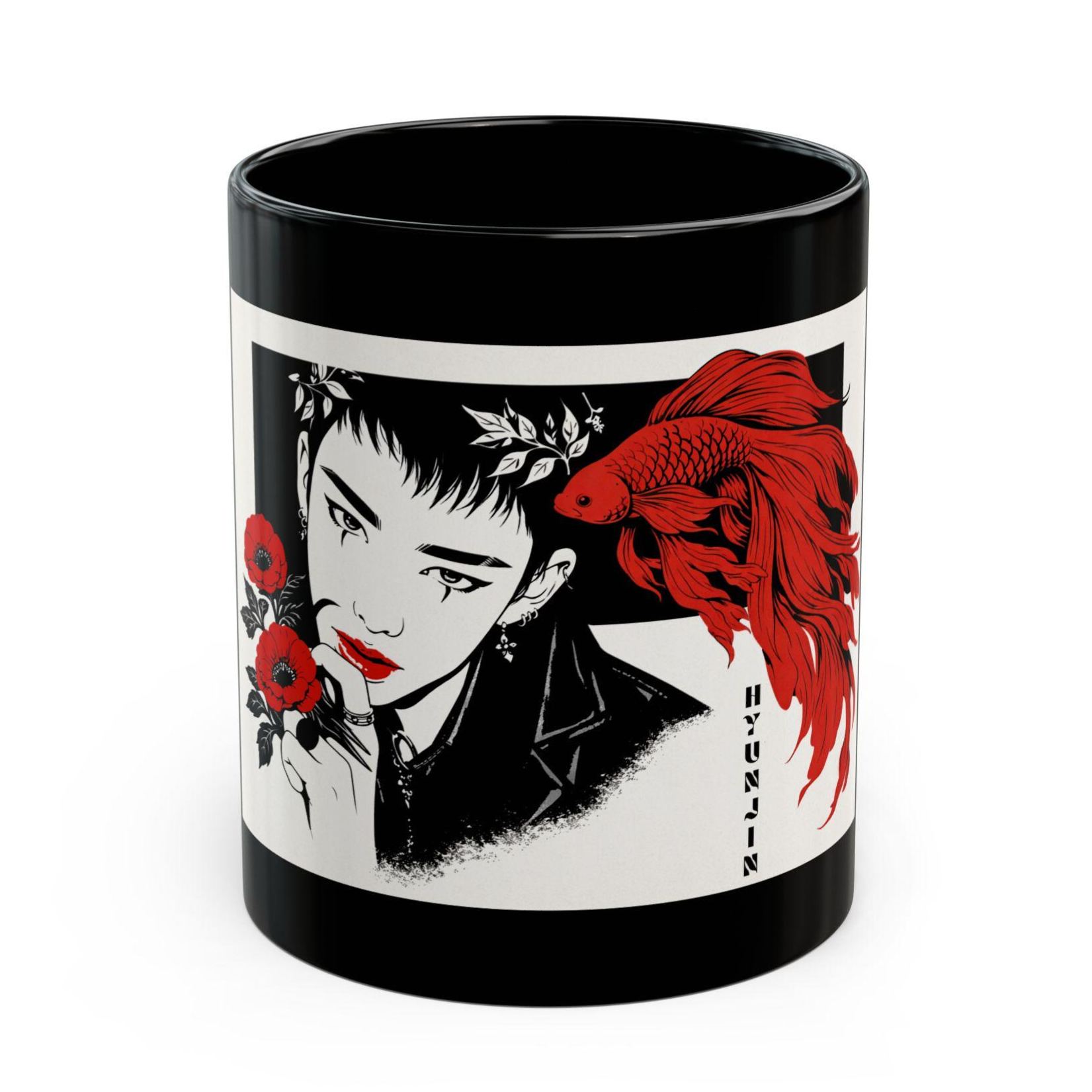 Glossy black ceramic mug featuring an artistic illustration of Hyunjin with a betta fish and red flowers