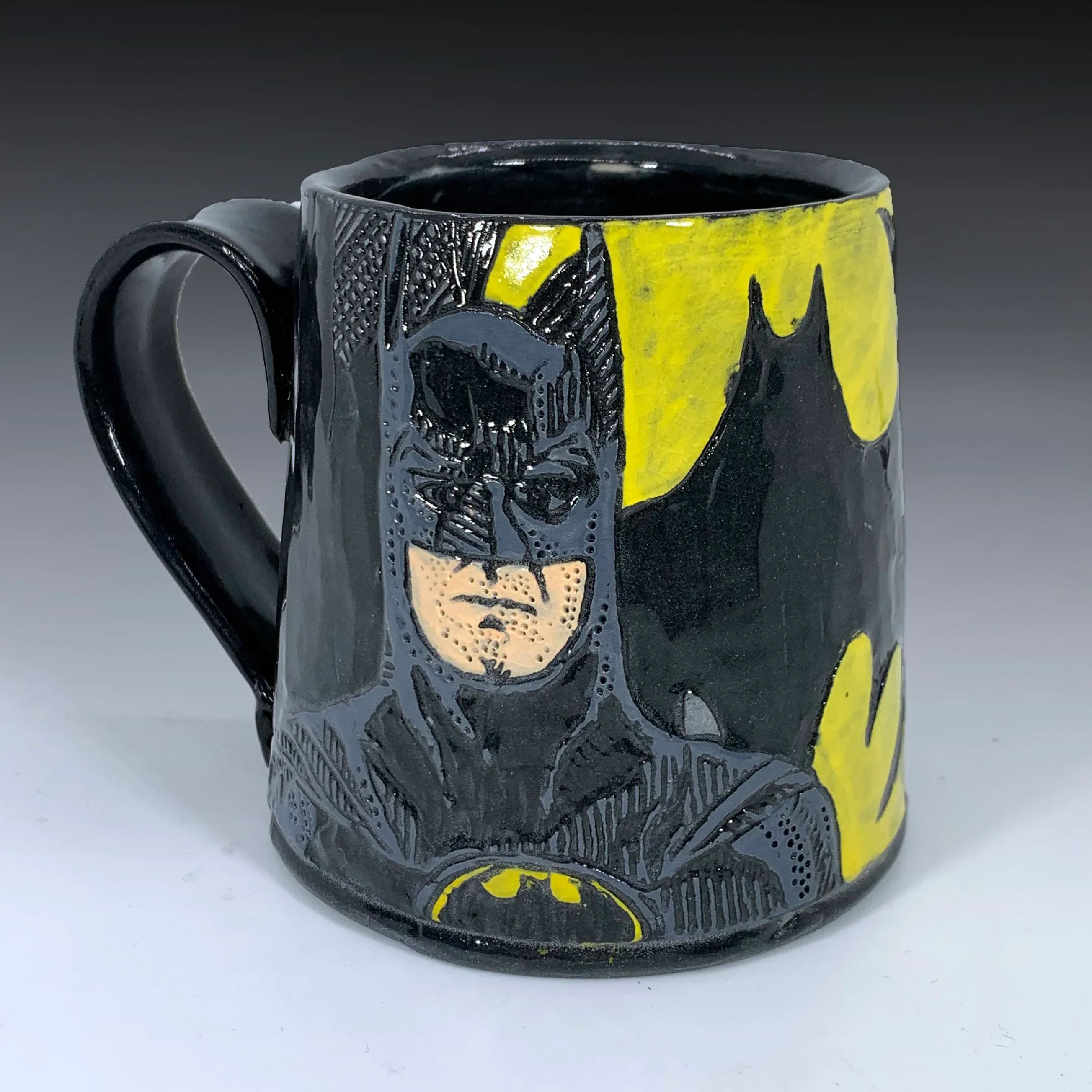 Handcrafted Batman Textured Ceramic Coffee Mug With Bat Signal Graphic 12 Oz