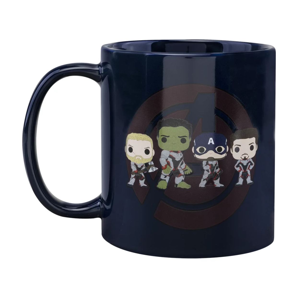 Large ceramic mug featuring Avengers characters Hulk Captain America Iron Man and Thor in stylized art style