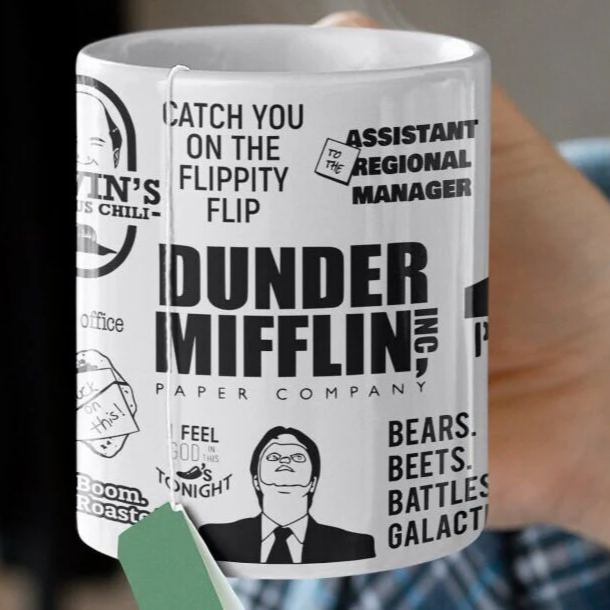 Dunder Mifflin All Over Print Ceramic Mug featuring The Office quotes and characters like Prison Mike and Dwight Shrute
