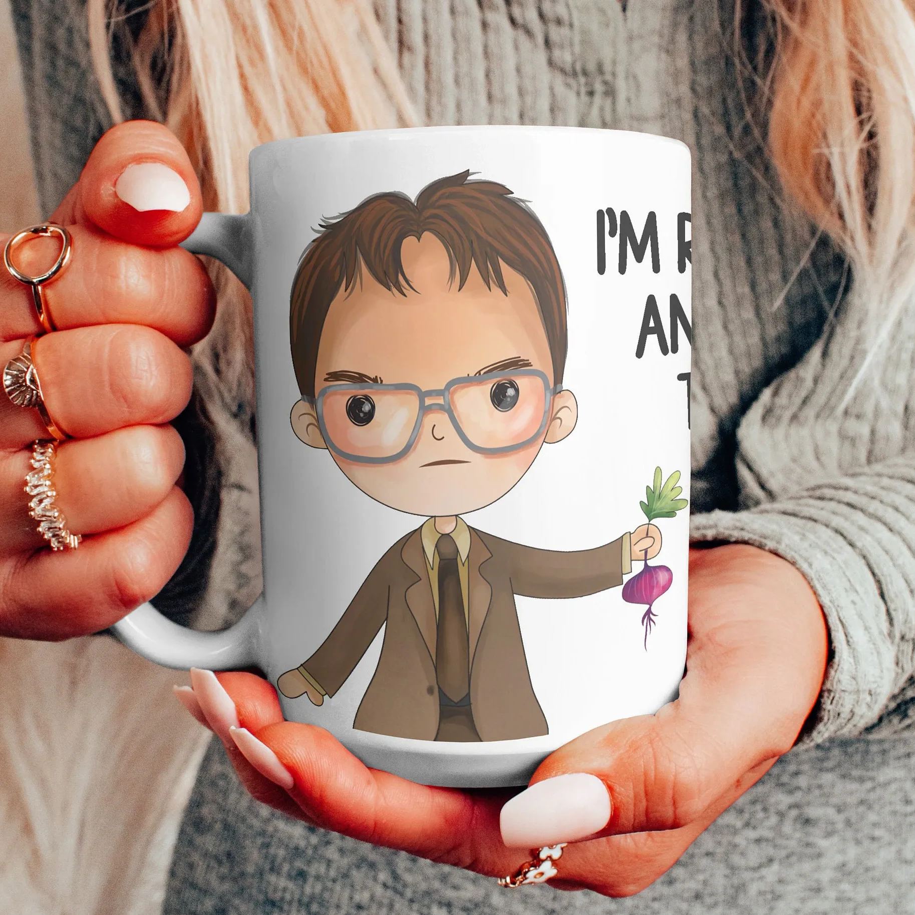Large ceramic mug featuring a cartoon Dwight Schrute character from The Office holding a beet