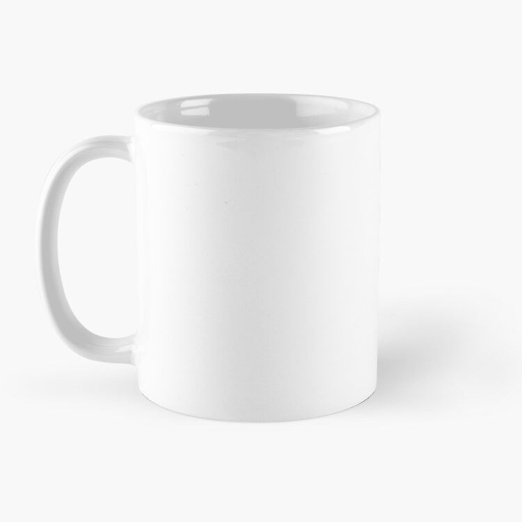 Two white ceramic mugs on a wooden shelf displaying the printed character quote from the popular sitcom series