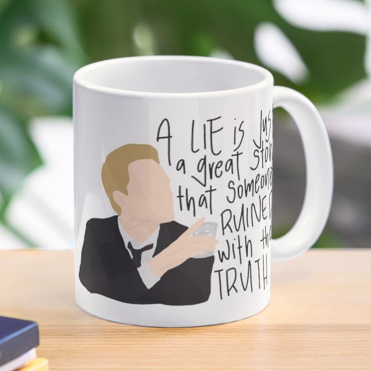 White ceramic mug featuring Barney Stinson character art and his famous lie quote from How I Met Your Mother drama series