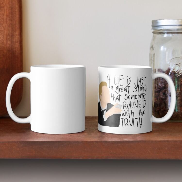 Side view of eleven ounce ceramic coffee mug with wraparound television show quote graphics and character illustration