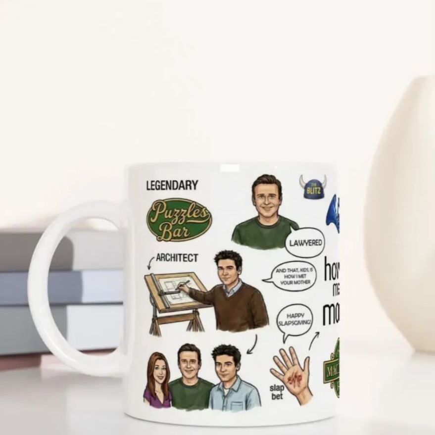 Side view of How I Met Your Mother mug showing Ted Mosby character illustration and Puzzles Bar logo on a desk